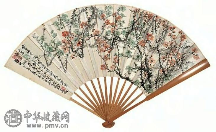 吴待秋 1928年作 梅花 成扇 设色纸本