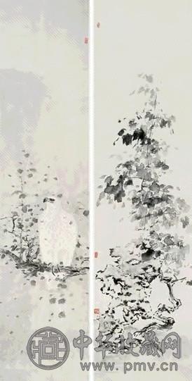 赵跃鹏 2004年作 花鸟对屏 对屏 设色纸本