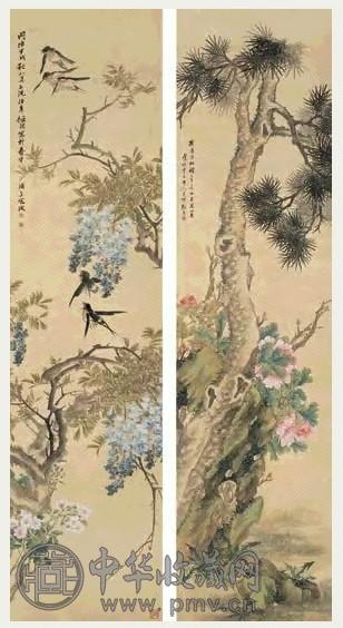 任伯年 1874、1877年作 紫藤春燕 牡丹春色 对屏 设色绢本