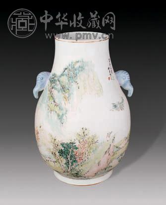 清末 浅降彩山水象耳尊