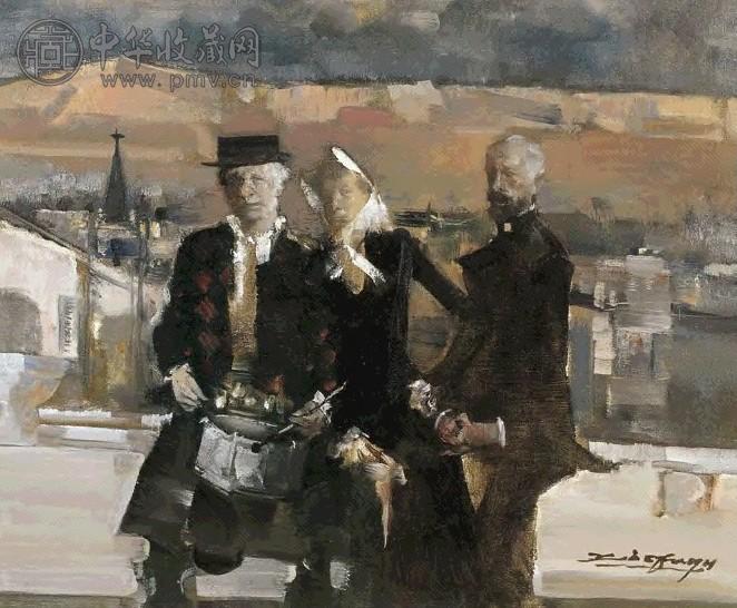 俞晓夫 街头的老人 油彩 画布 框