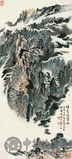 陆俨少 楼台深翠 立轴 设色纸本