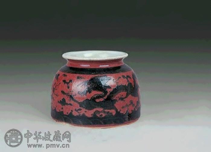 清 红釉加彩龙纹笔洗