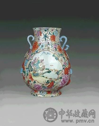 民国 粉彩百花锦地开光山水尊