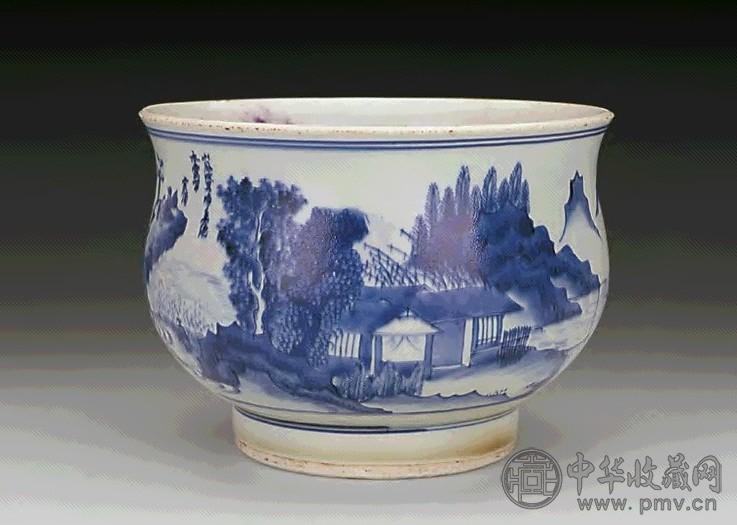 明崇祯 青花通景山水纹香炉