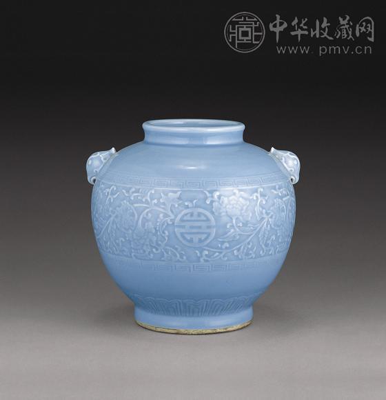 清 天篮釉刻花双兽耳尊