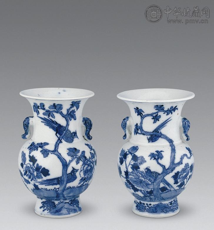 清光绪 青花花鸟象耳尊(1对)