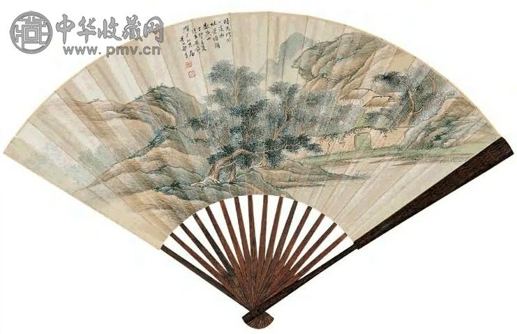 1927年 祁崑 秋景曲垣图并篆书 成扇 设色纸本