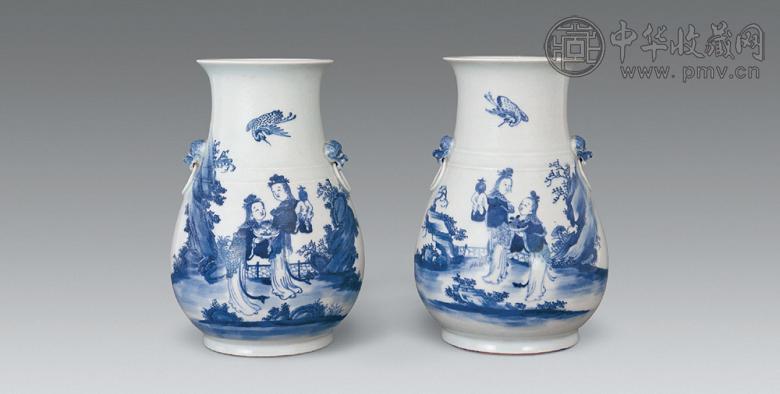 清晚期 青花狮耳麻姑献寿纹尊(1对)