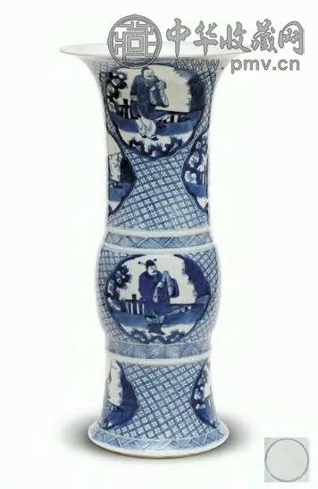 清 青花锦地开框人物纹花觚