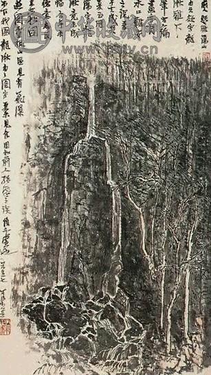 李可染 1957年 德国飞瀑图 镜框 淡设色纸本 李可染 1957年 德国飞瀑图 镜框 淡设色纸本