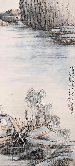 张大千 1943年作 春江泛舟 镜心 设色纸本