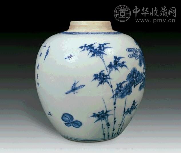 清康熙 青花岁寒三友诗文罐