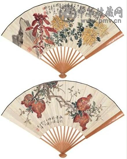 陈半丁 癸未(1943年)作 菊花雁来红 扇面 设色纸本