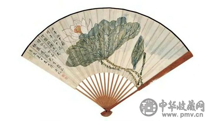 支谦 1940年作 荷花 书法 刻竹 扇面