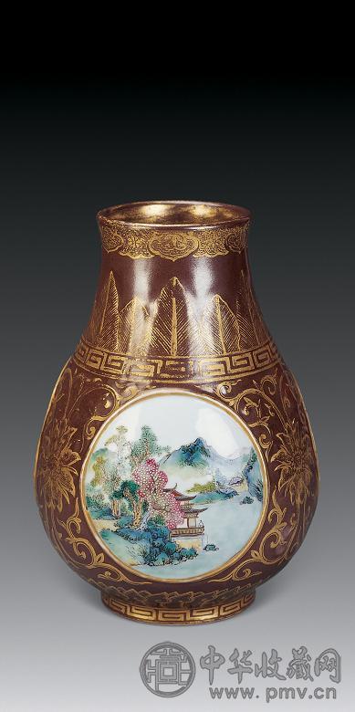 清 酱釉描金粉彩开光山水尊