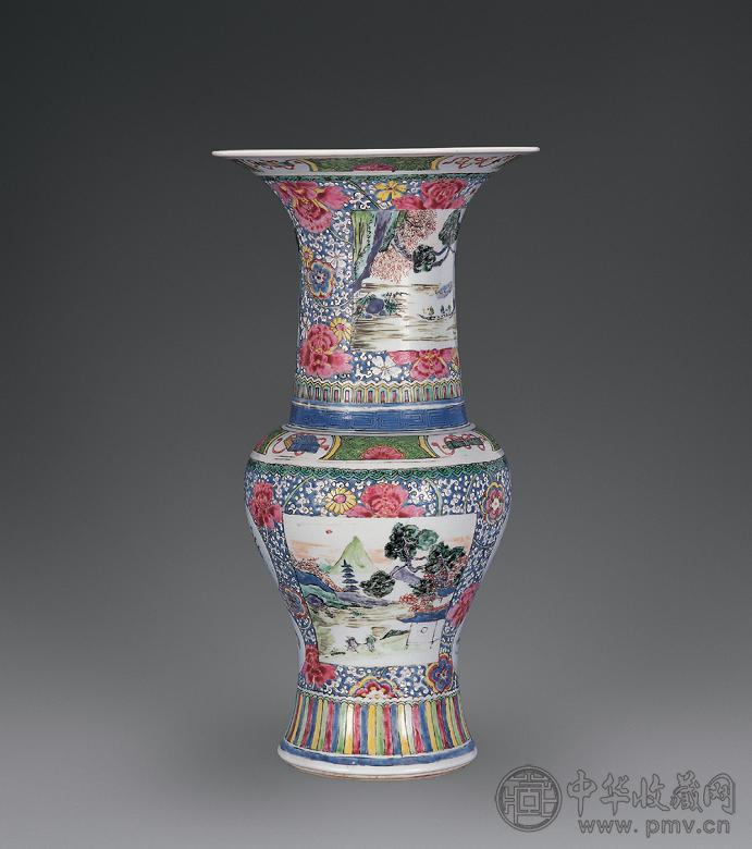 清雍正 粉彩山水人物纹花觚