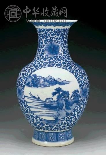 清 青花开光山水花鸟纹尊