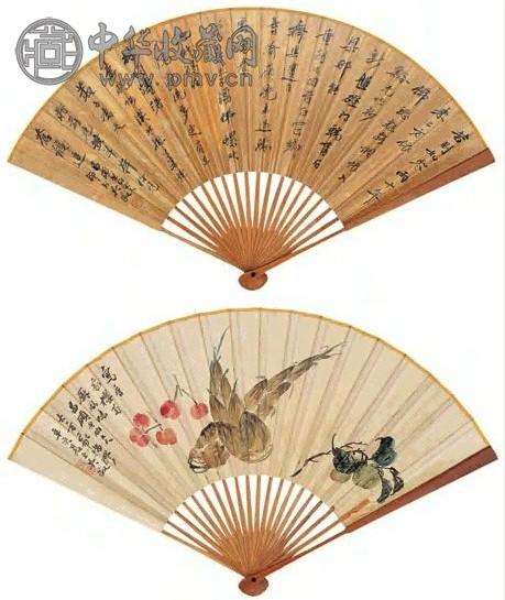 吴徵 书法、蔬果 成扇 设色纸本