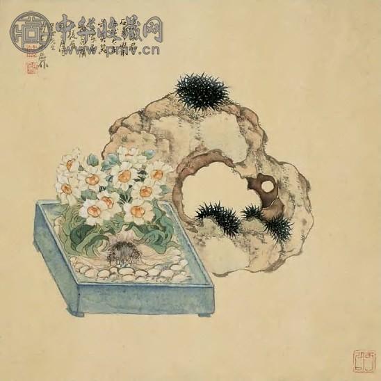 居廉 乙酉(1945年)作 菖蒲水仙图 立轴 设色绢本