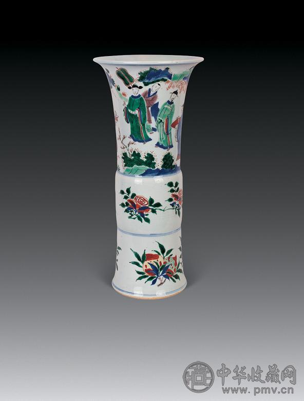 清康熙 青花五彩加官晋爵纹觚