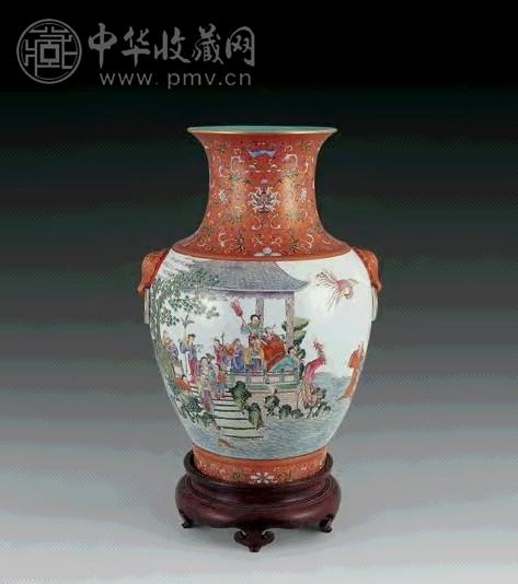 清 珊瑚地粉彩群仙图象耳尊