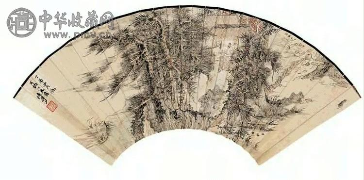 陆俨少 1957年作 松间抚琴 扇面 设色纸本