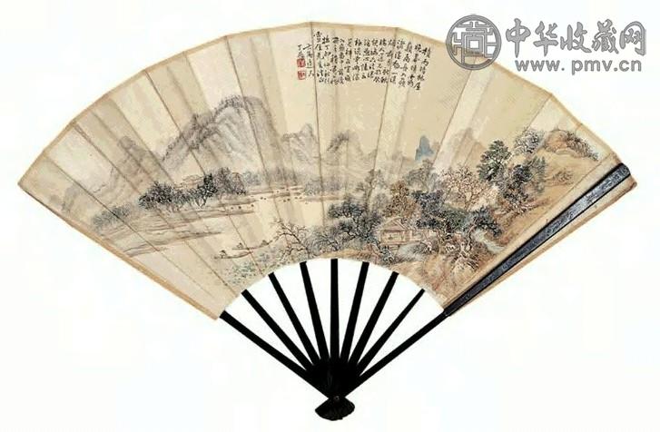 丁六阳 1927年作 山溪钓舟图 行书 扇面 设色笺本