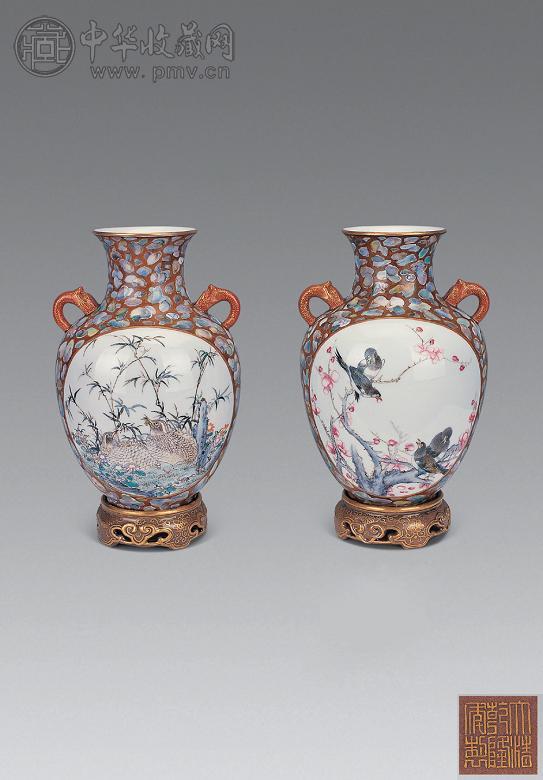 民国 酱釉贝纹开光花鸟双兽耳尊(1对)