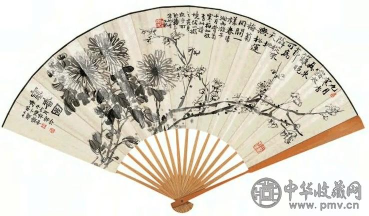 1930年 陈半丁 双清图并行书七言诗 成扇 水墨纸本