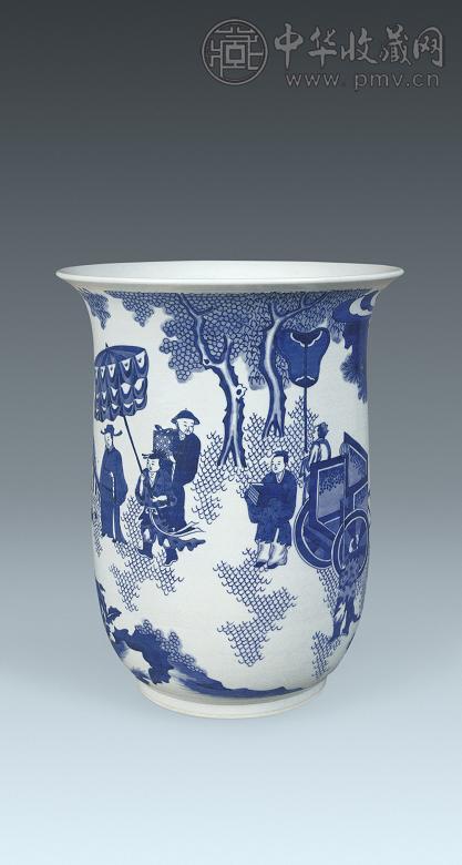 清 青花山水人物纹撇口尊