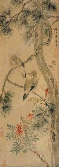 马逸 花鸟 立轴 设色洒金笺