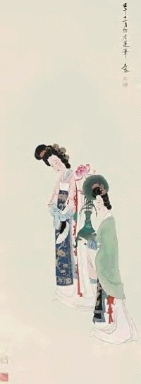 吴泰 佳人持莲图 立轴 设色纸本