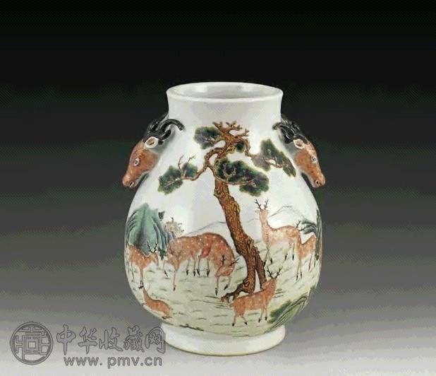 民国 粉彩松鹿鹿头尊