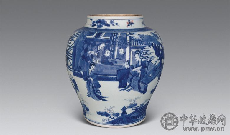 清康熙 青花釉里红四妃十六子罐