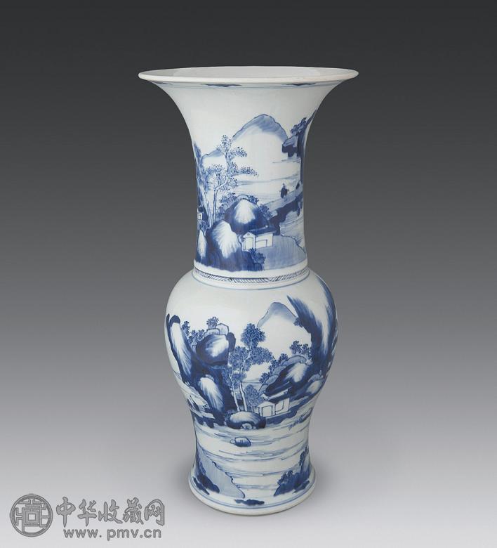 清康熙 青花山水人物凤尾尊