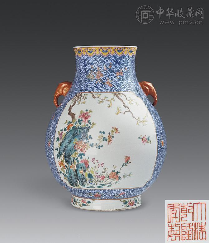 清光绪 粉彩开光花卉象耳尊