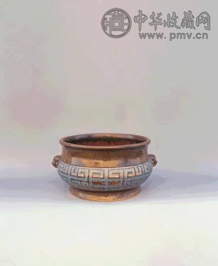 清乾隆 茶叶末釉双兽耳孔雀蓝彩夔龙纹香炉