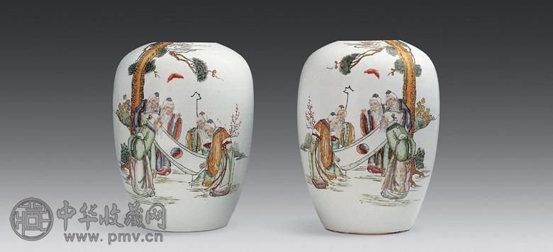 民国 粉彩五老观太极图冬瓜罐(1对)