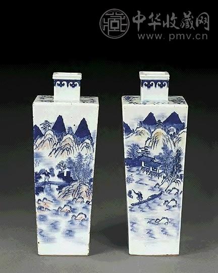 清中 青花釉里红山水人物方瓶(1对)