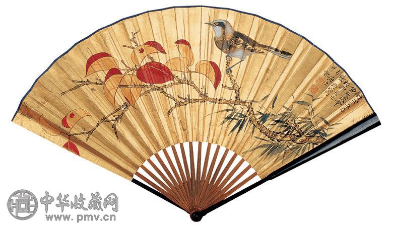 谢稚柳 1948年作 红叶翠鸟 成扇 设色纸本
