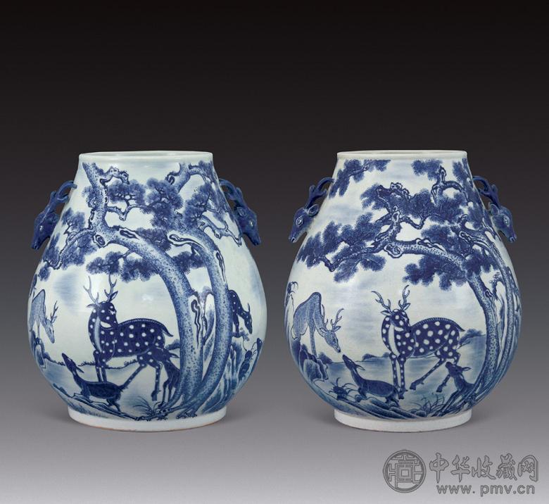 清光绪 青花松鹿鹿头尊(1对)