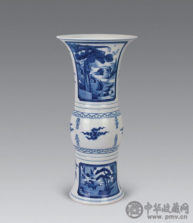 清 青花开光山水人物纹觚