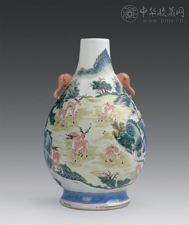 清光绪 粉彩百鹿象耳尊