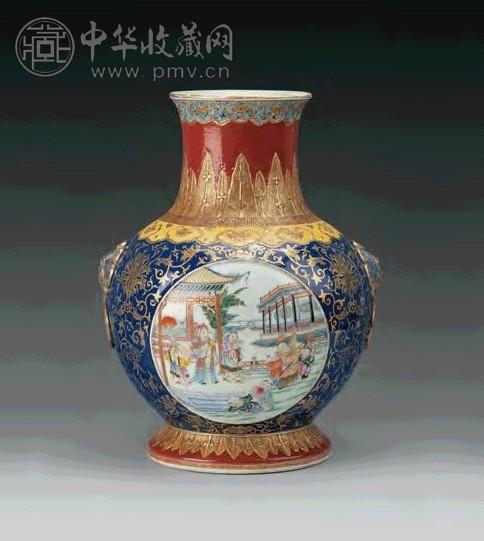 民国 粉彩描金人物兽耳尊