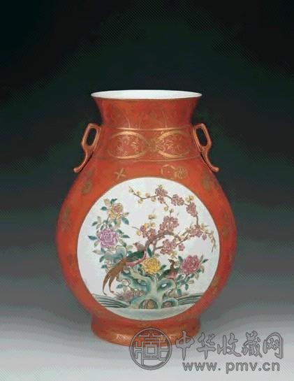 民国 珊瑚釉描金开光花鸟纹双耳尊