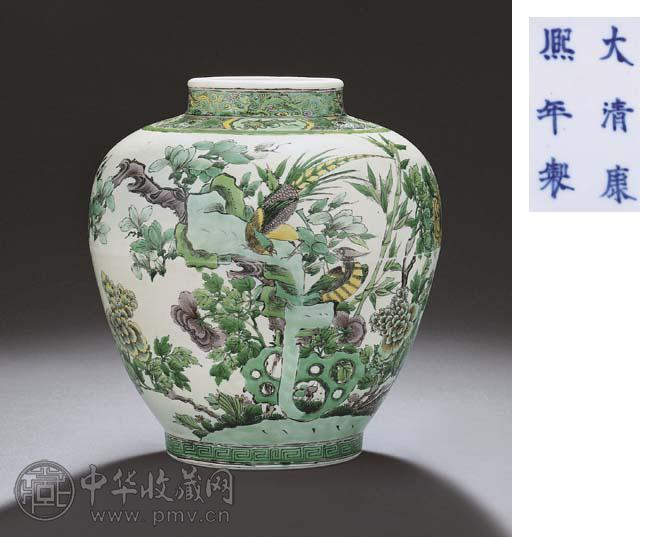 清康熙 五彩雉鸡花石纹罐