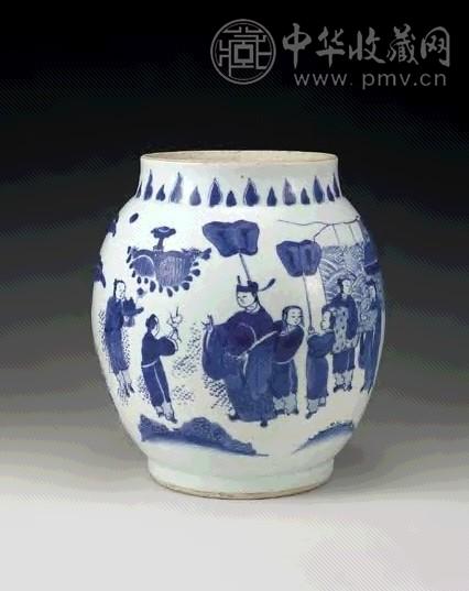 明崇祯 青花加官进爵莲子罐