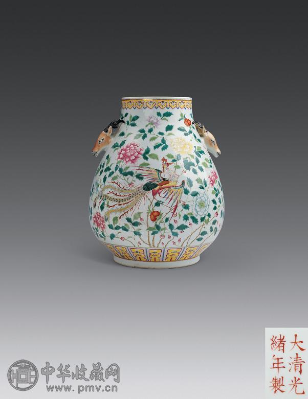清光绪 粉彩凤穿牡丹鹿耳尊