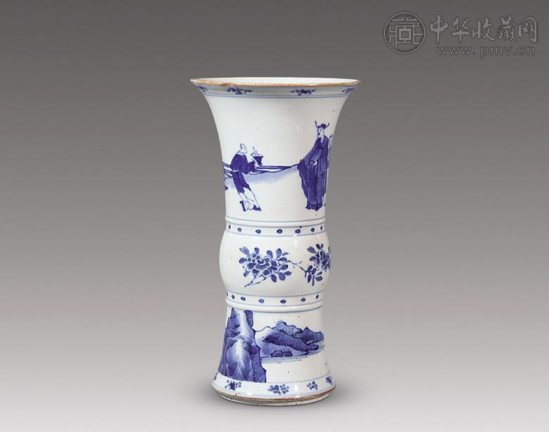 清 青花山水人物纹花觚